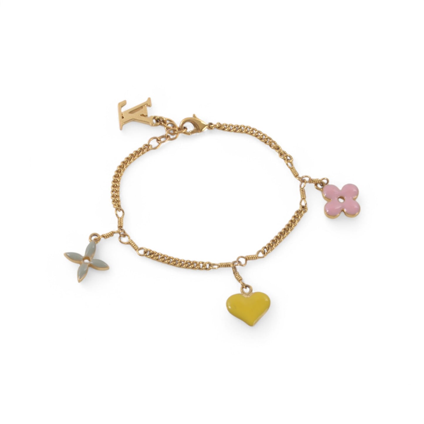 Louis Vuitton Sweet Monogram Flower Heart Charm Gold Chain Bracelet Vintage