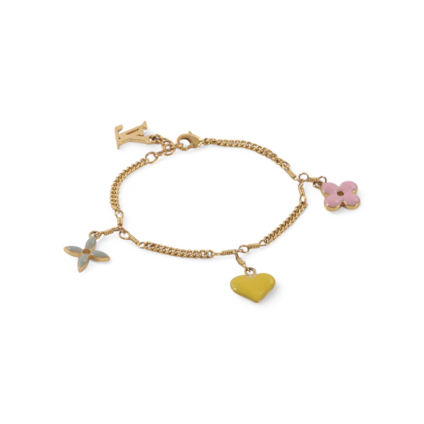 Louis Vuitton Sweet Monogram Flower Heart Charm Gold Chain Bracelet Vintage