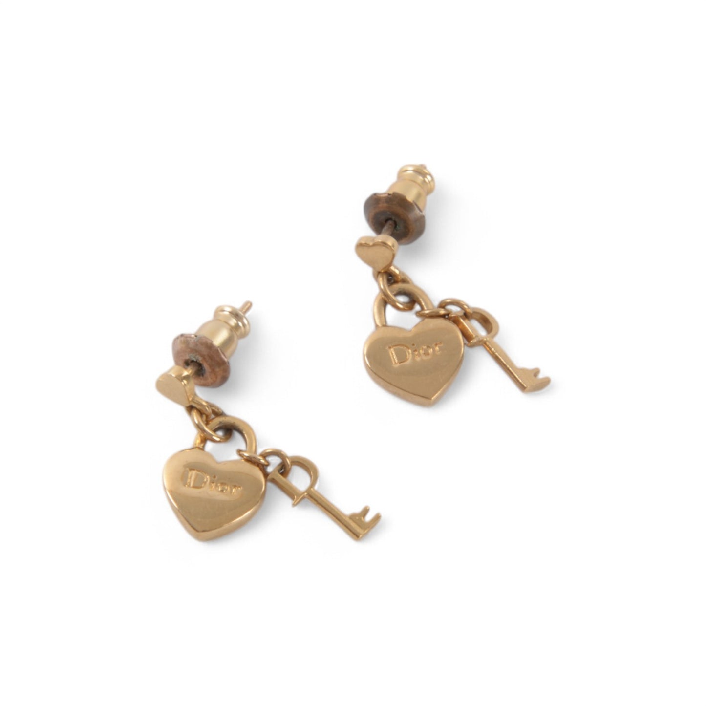 Christian Dior Earrings Women Gold Color Heart Key Motif Vintage