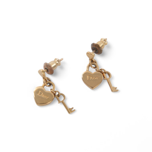 Christian Dior Earrings Women Gold Color Heart Key Motif Vintage