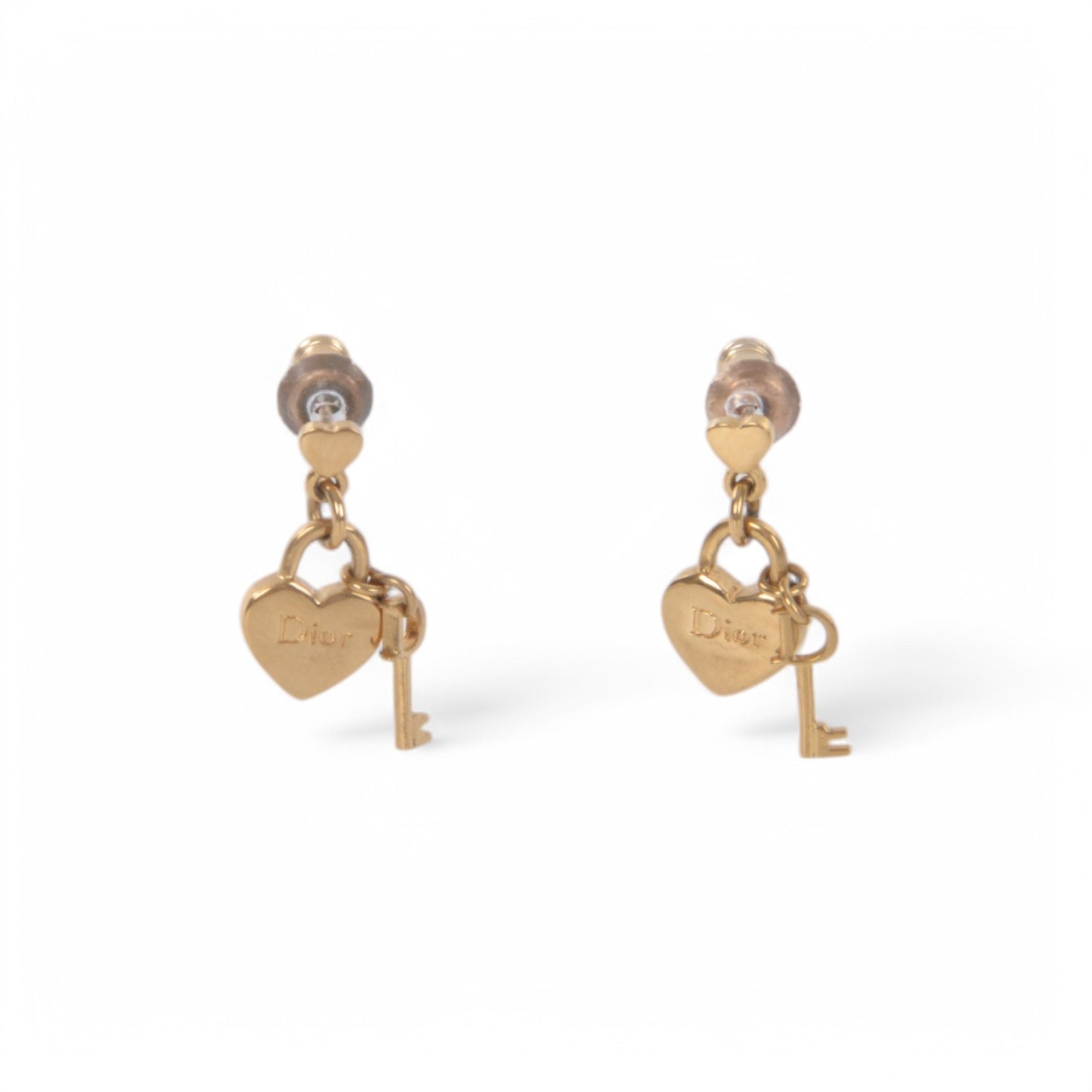 Christian Dior Earrings Women Gold Color Heart Key Motif Vintage