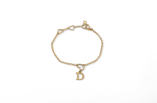 Dior Vintage Hearts Heart Logo Rhinestone Charm Bracelet Chain