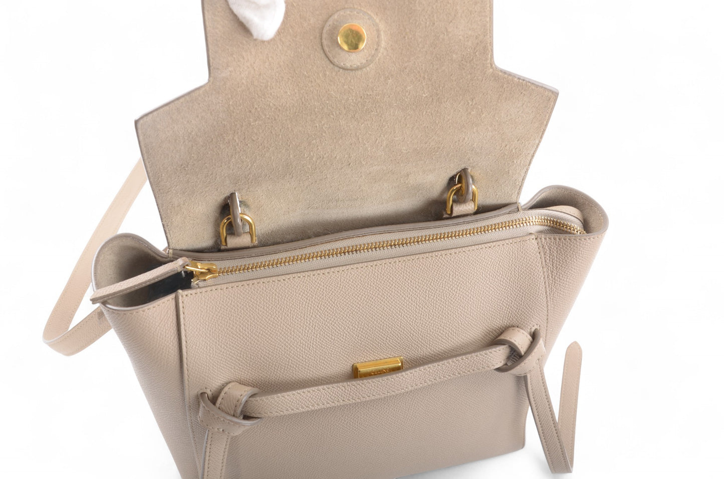 Celine Micro Belt Bag 2-Way Shoulder Bag Handbag Beige Grained Calfskin Crossbody Designer