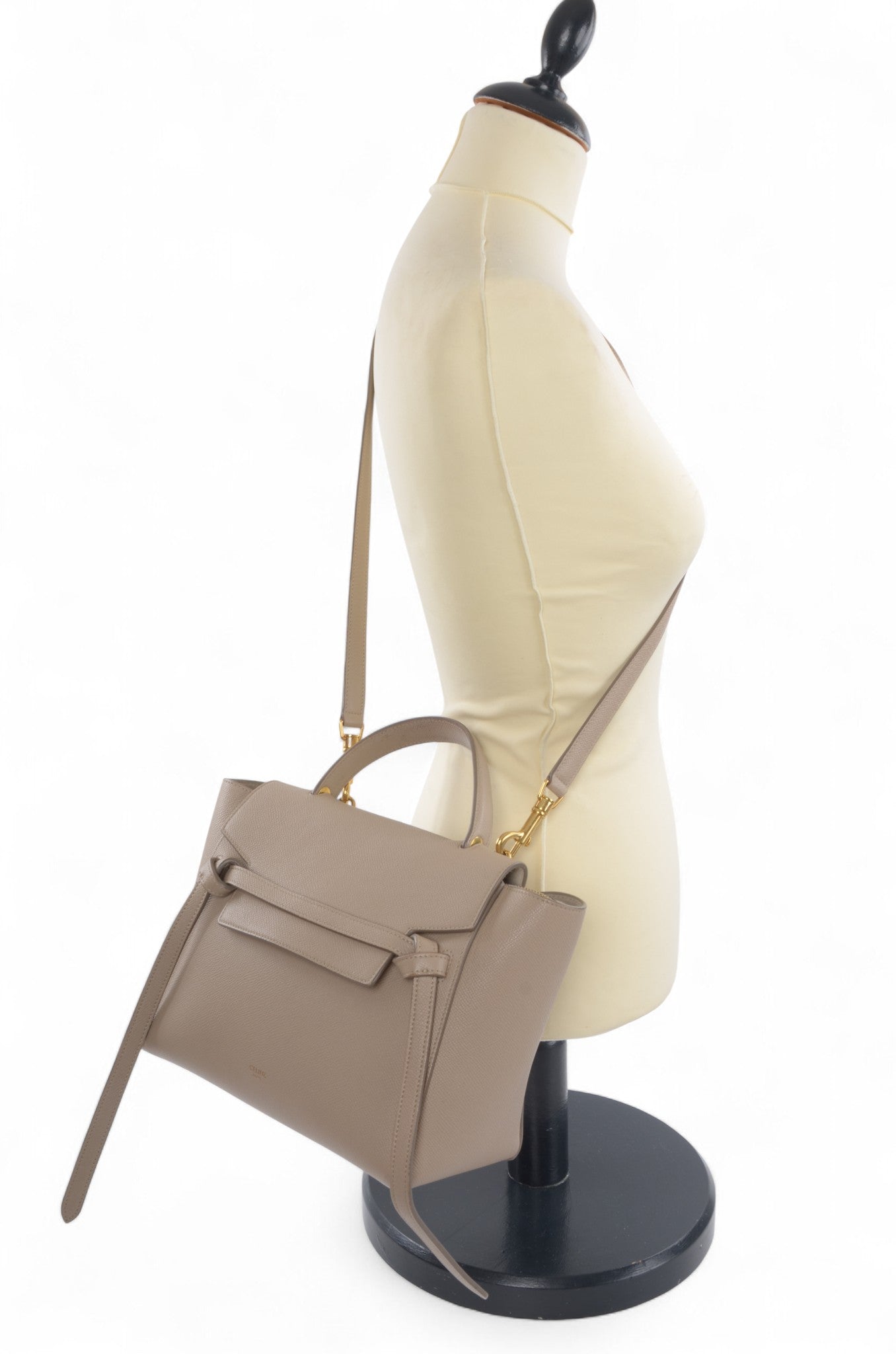 Celine Micro Belt Bag 2-Way Shoulder Bag Handbag Beige Grained Calfskin Crossbody Designer