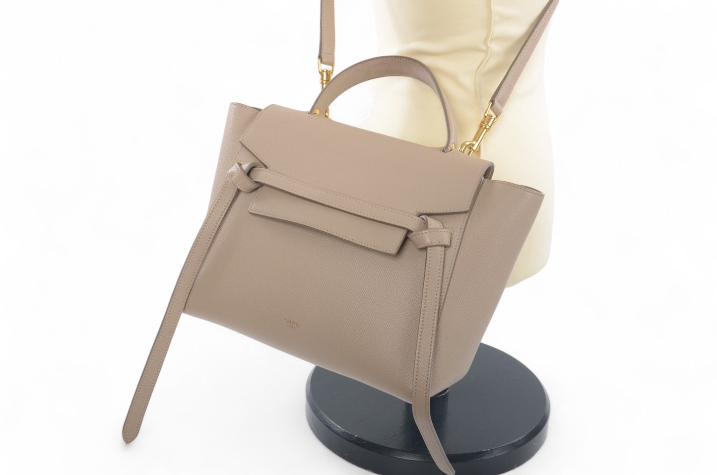 Celine Micro Belt Bag 2-Way Shoulder Bag Handbag Beige Grained Calfskin Crossbody Designer