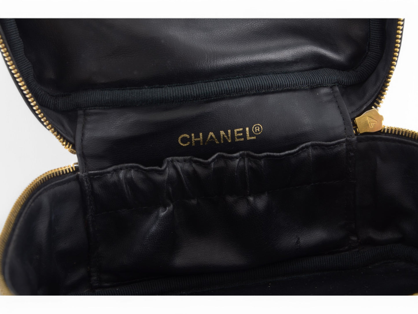 Chanel Quilted Vanity Bag CC Logo Vintage Lambskin Leather Black Make Up Pouch