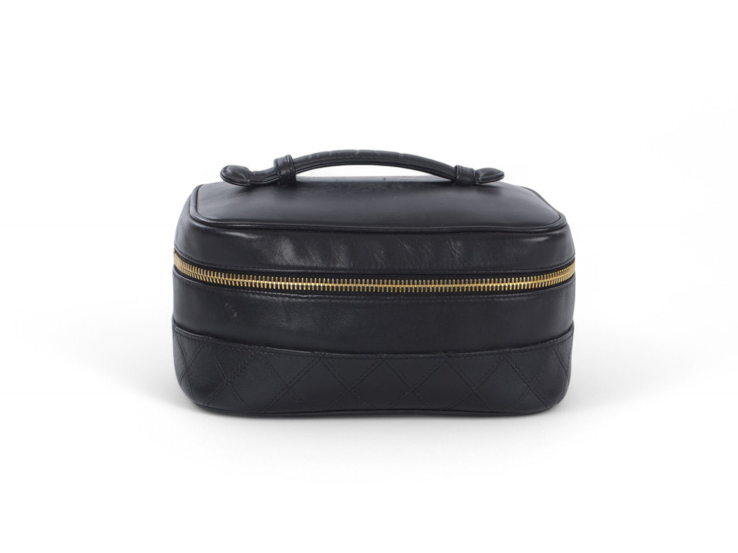 Chanel Quilted Vanity Bag CC Logo Vintage Lambskin Leather Black Make Up Pouch