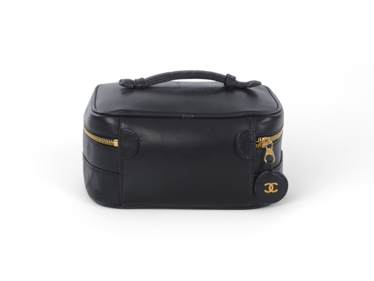 Chanel Quilted Vanity Bag CC Logo Vintage Lambskin Leather Black Make Up Pouch