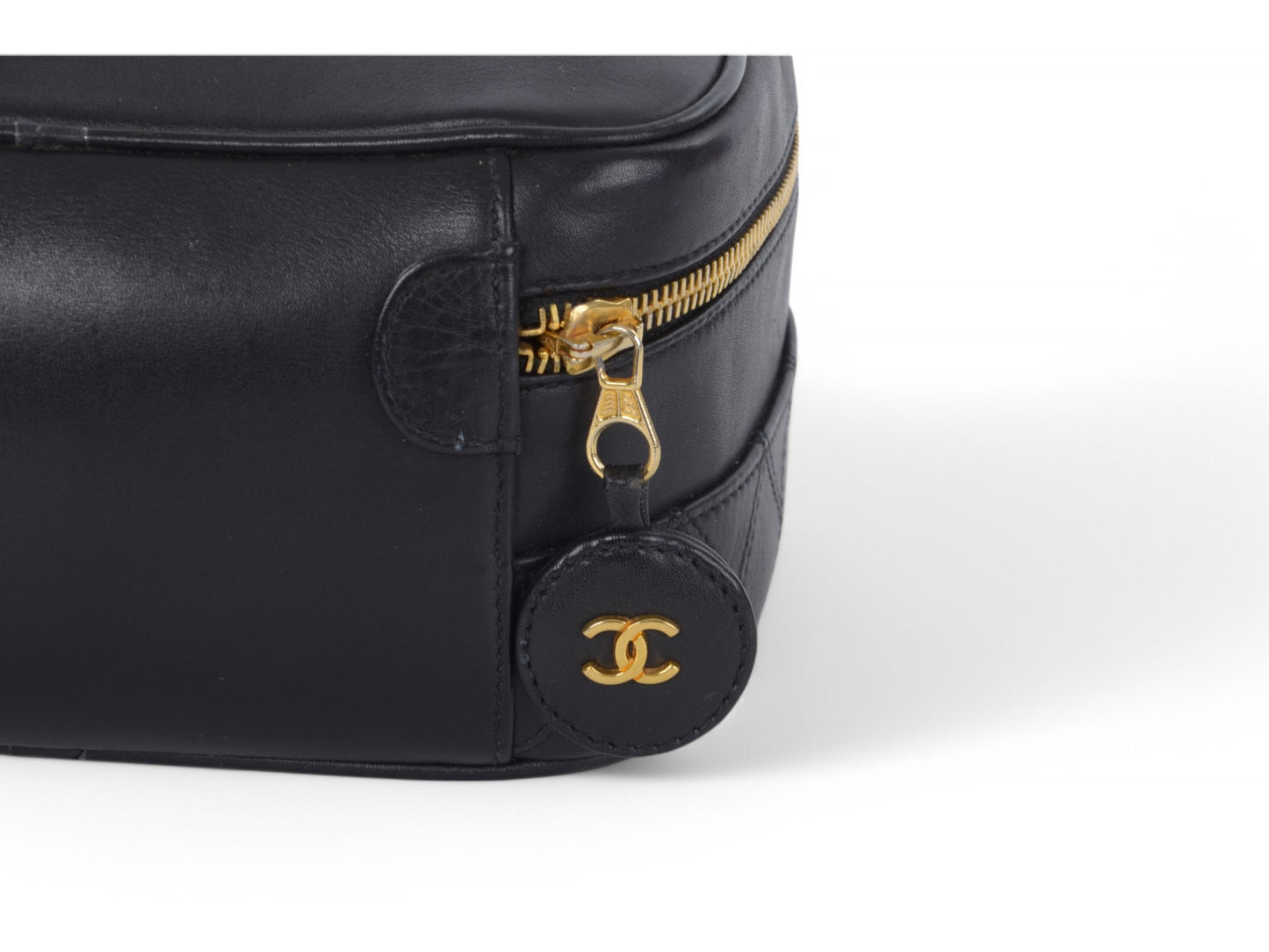 Chanel Quilted Vanity Bag CC Logo Vintage Lambskin Leather Black Make Up Pouch