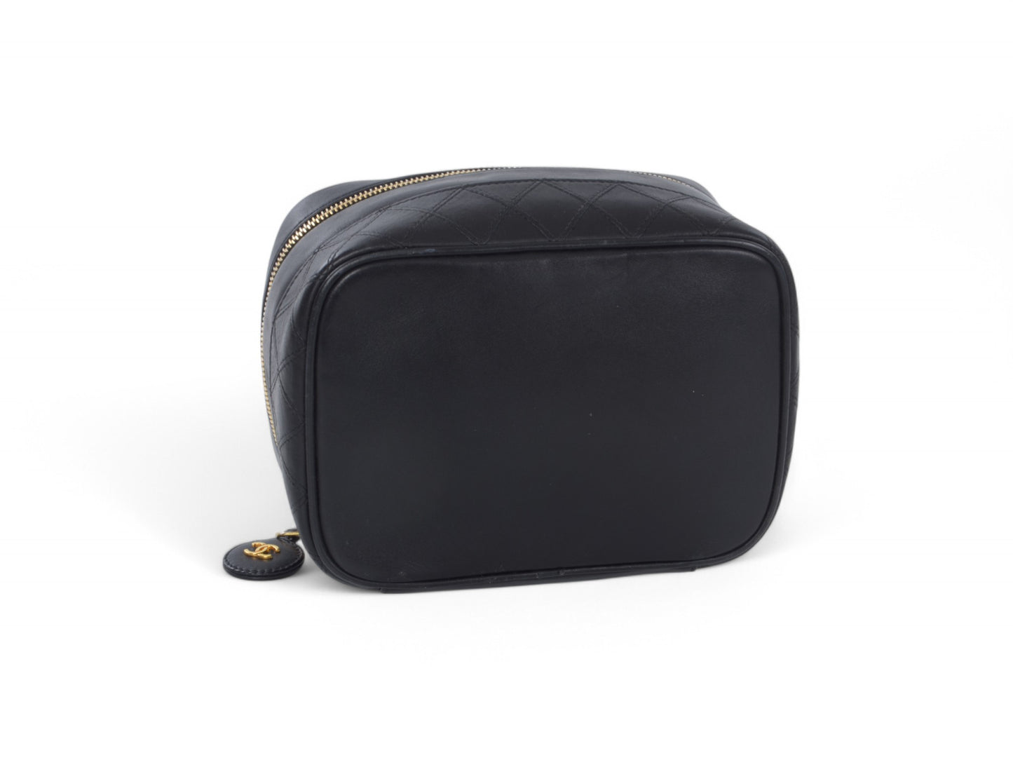 Chanel Quilted Vanity Bag CC Logo Vintage Lambskin Leather Black Make Up Pouch