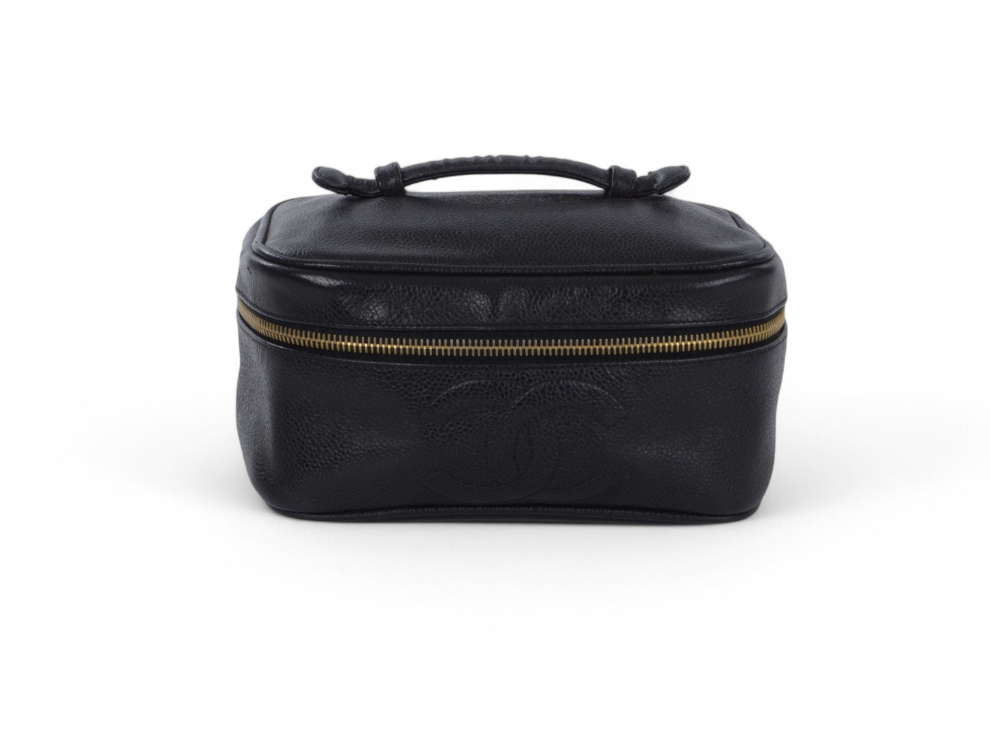 Chanel Vanity Bag CC Caviar Leather Logo Vintage Skin Black Make Up Pouch
