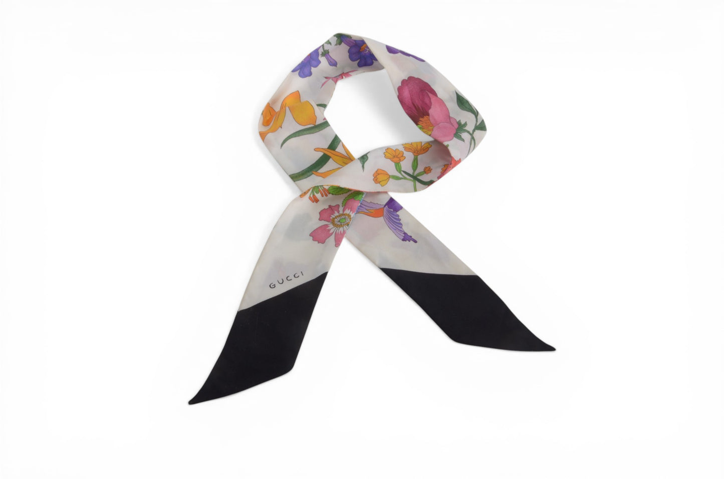 Gucci Flora Floral Pattern Band Twilly Small Scarf Silk Multicolor Designer Classic