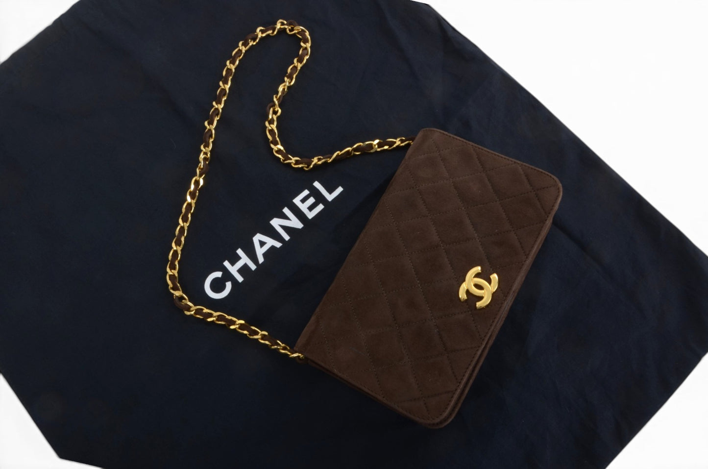 Chanel Classic Single Flap Matelasse Bag Brown Suede CC Lock Chain Shoulder Bag Vintage Designer