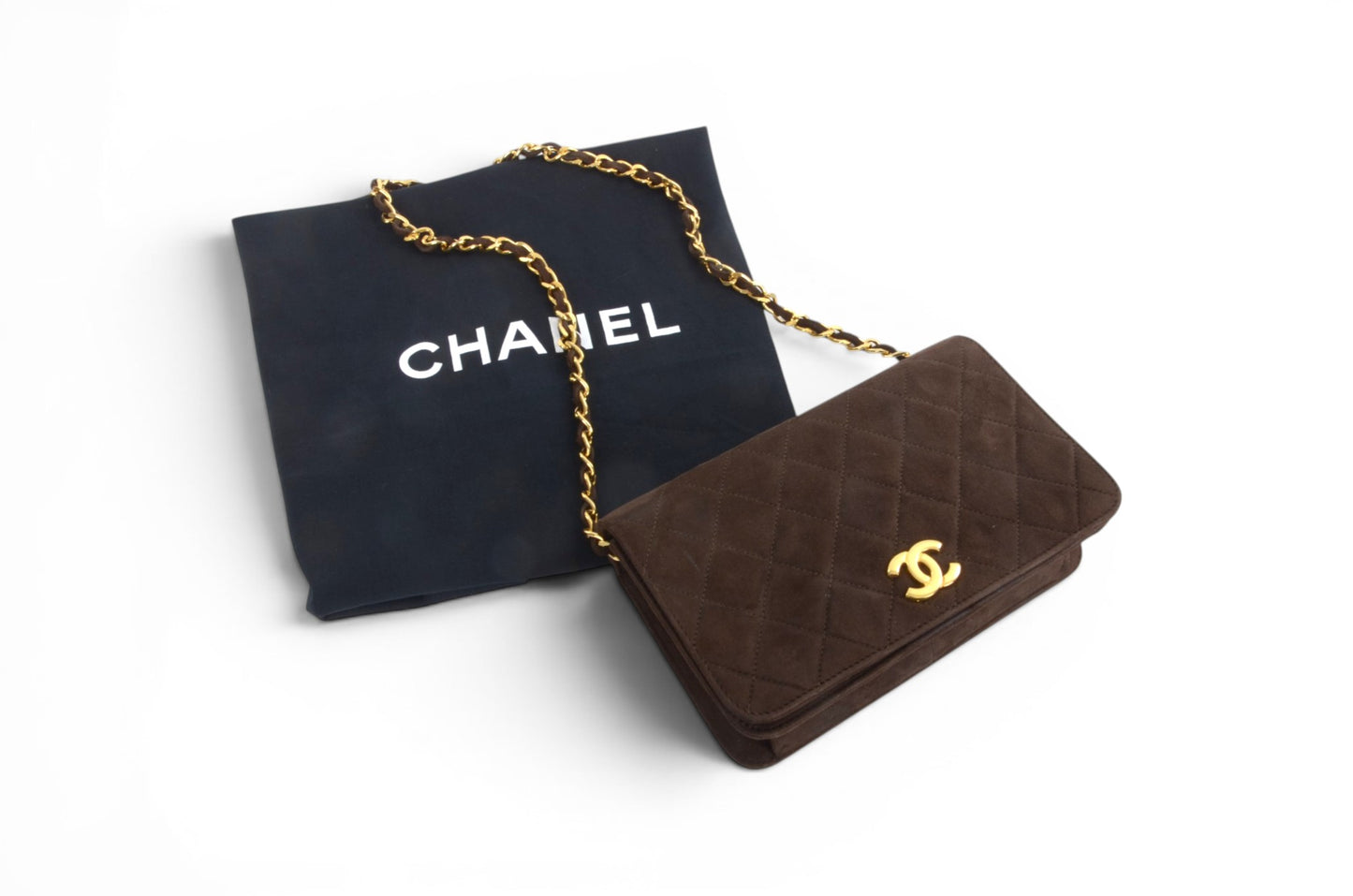 Chanel Classic Single Flap Matelasse Bag Brown Suede CC Lock Chain Shoulder Bag Vintage Designer