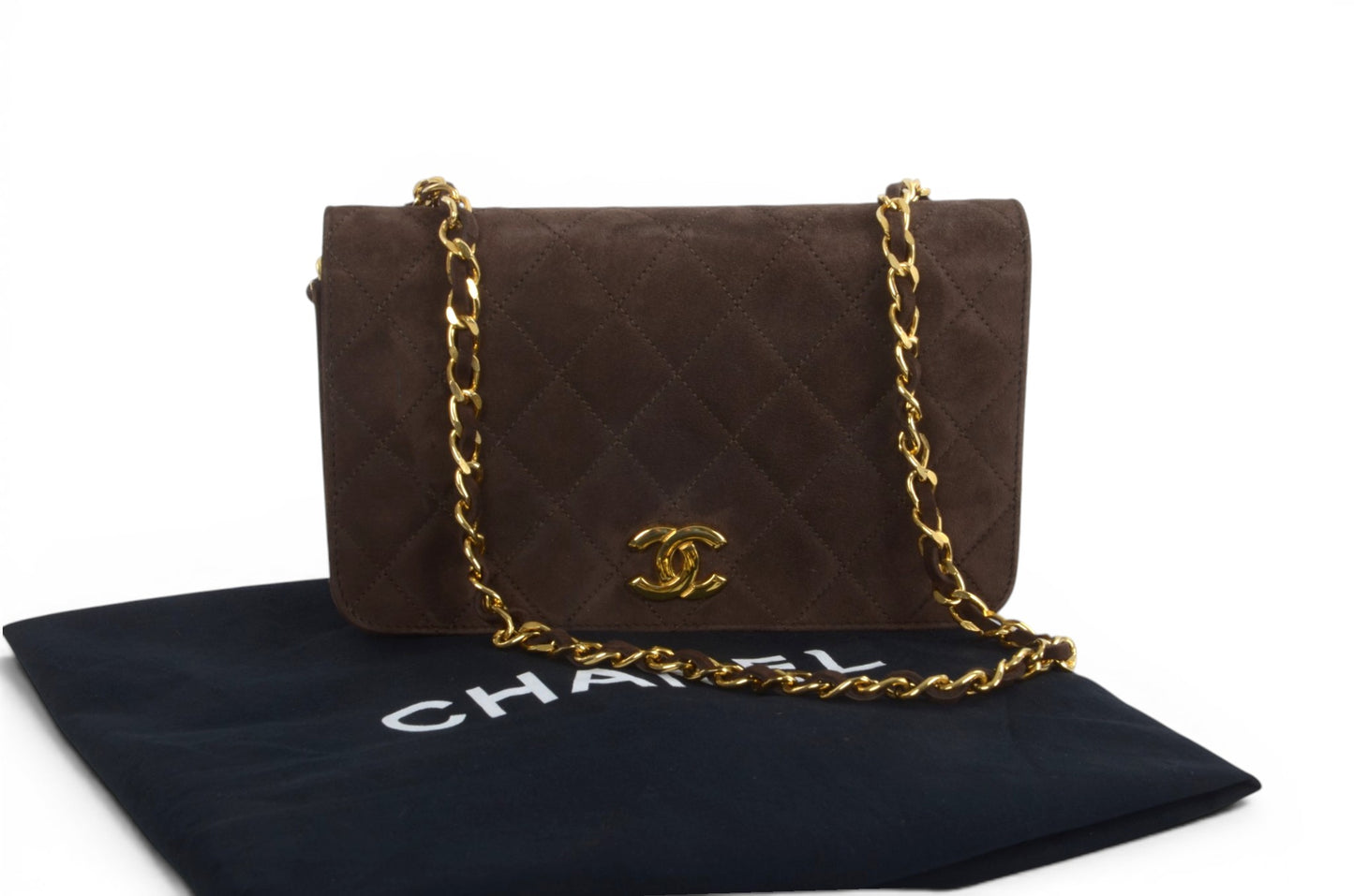 Chanel Classic Single Flap Matelasse Bag Brown Suede CC Lock Chain Shoulder Bag Vintage Designer