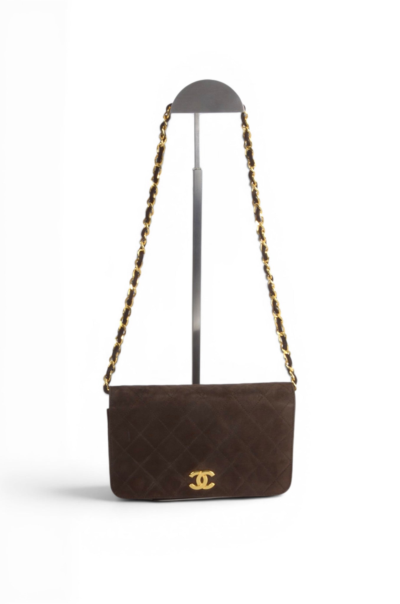 Chanel Classic Single Flap Matelasse Bag Brown Suede CC Lock Chain Shoulder Bag Vintage Designer