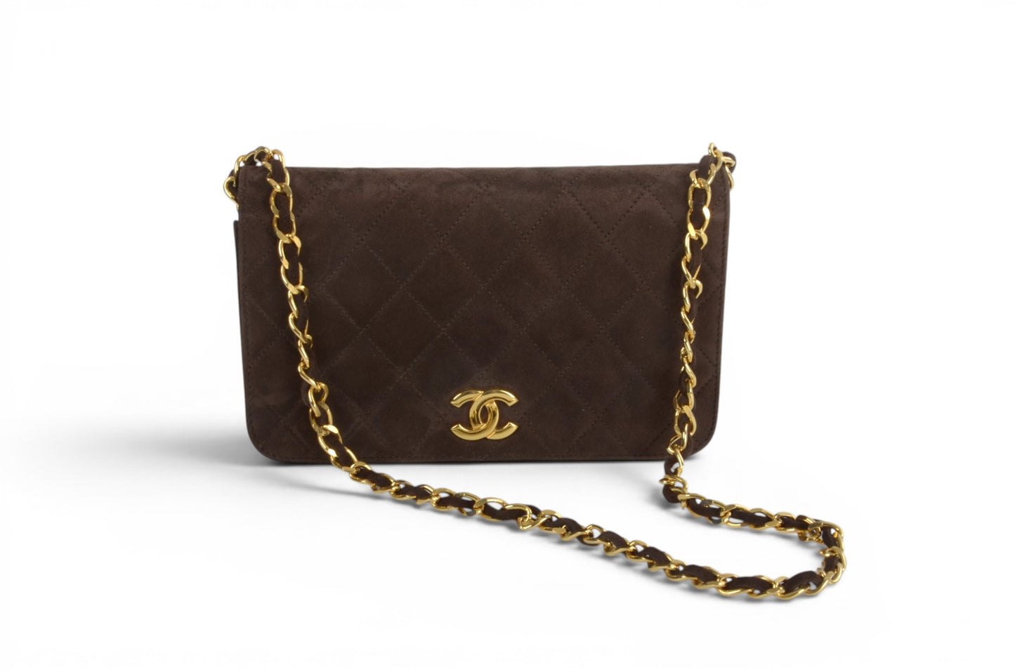 Chanel Classic Single Flap Matelasse Bag Brown Suede CC Lock Chain Shoulder Bag Vintage Designer