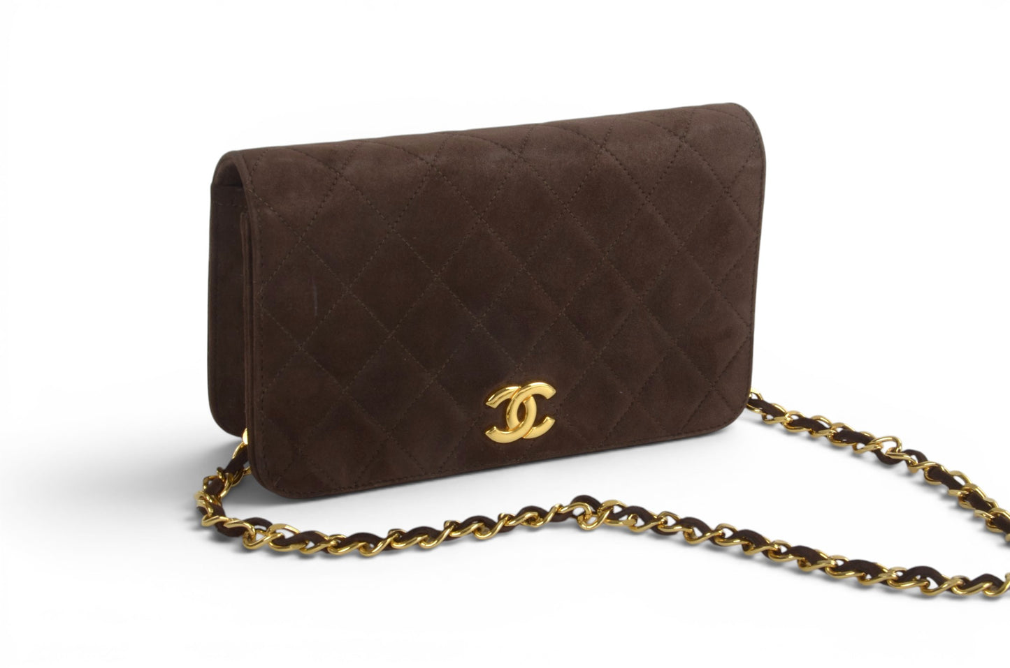 Chanel Classic Single Flap Matelasse Bag Brown Suede CC Lock Chain Shoulder Bag Vintage Designer