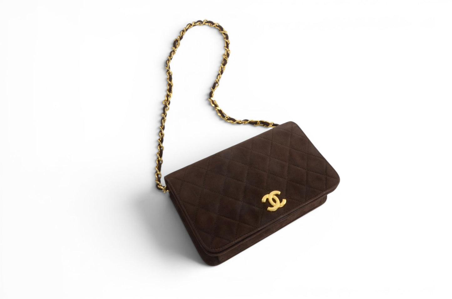 Chanel Classic Single Flap Matelasse Bag Brown Suede CC Lock Chain Shoulder Bag Vintage Designer