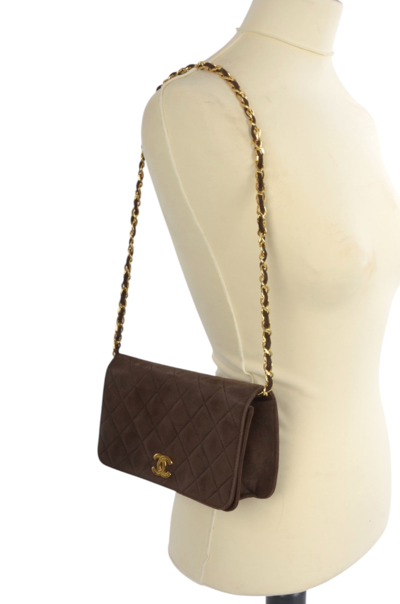 Chanel Classic Single Flap Matelasse Bag Brown Suede CC Lock Chain Shoulder Bag Vintage Designer