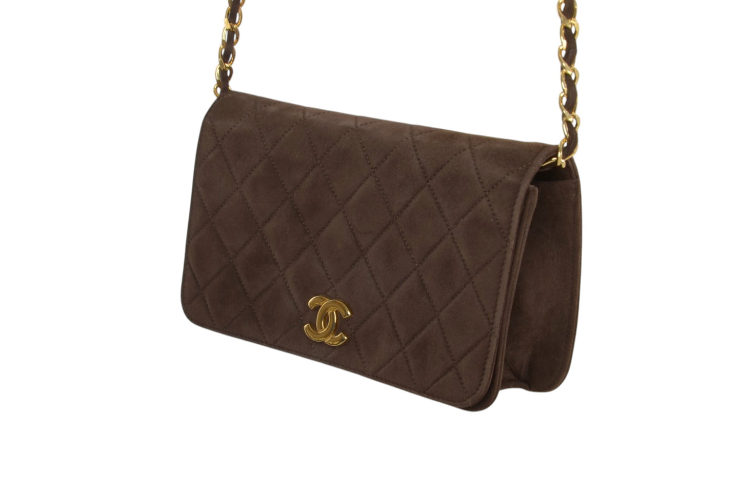 Chanel Classic Single Flap Matelasse Bag Brown Suede CC Lock Chain Shoulder Bag Vintage Designer