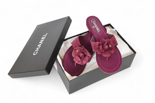 Chanel Camellia Sandals Shoes Suede Flower Vintage Size 39 1/2