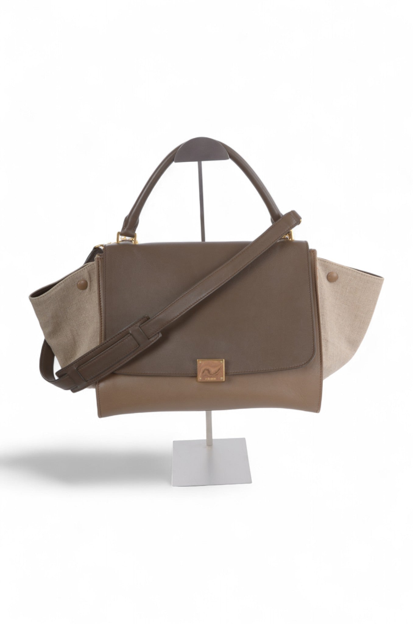 Celine Trapeze Medium Leather 2WAY Shoulder Bag Shoulder Tote Handbag Beige Brown Designer Classic