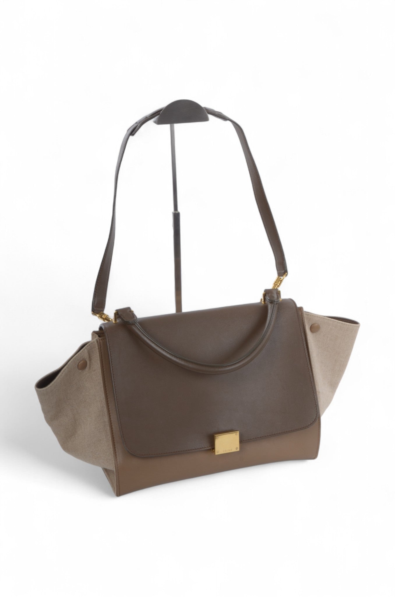 Celine Trapeze Medium Leather 2WAY Shoulder Bag Shoulder Tote Handbag Beige Brown Designer Classic