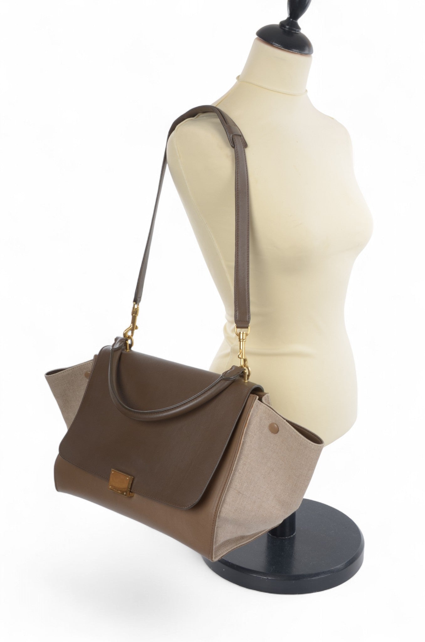 Celine Trapeze Medium Leather 2WAY Shoulder Bag Shoulder Tote Handbag Beige Brown Designer Classic