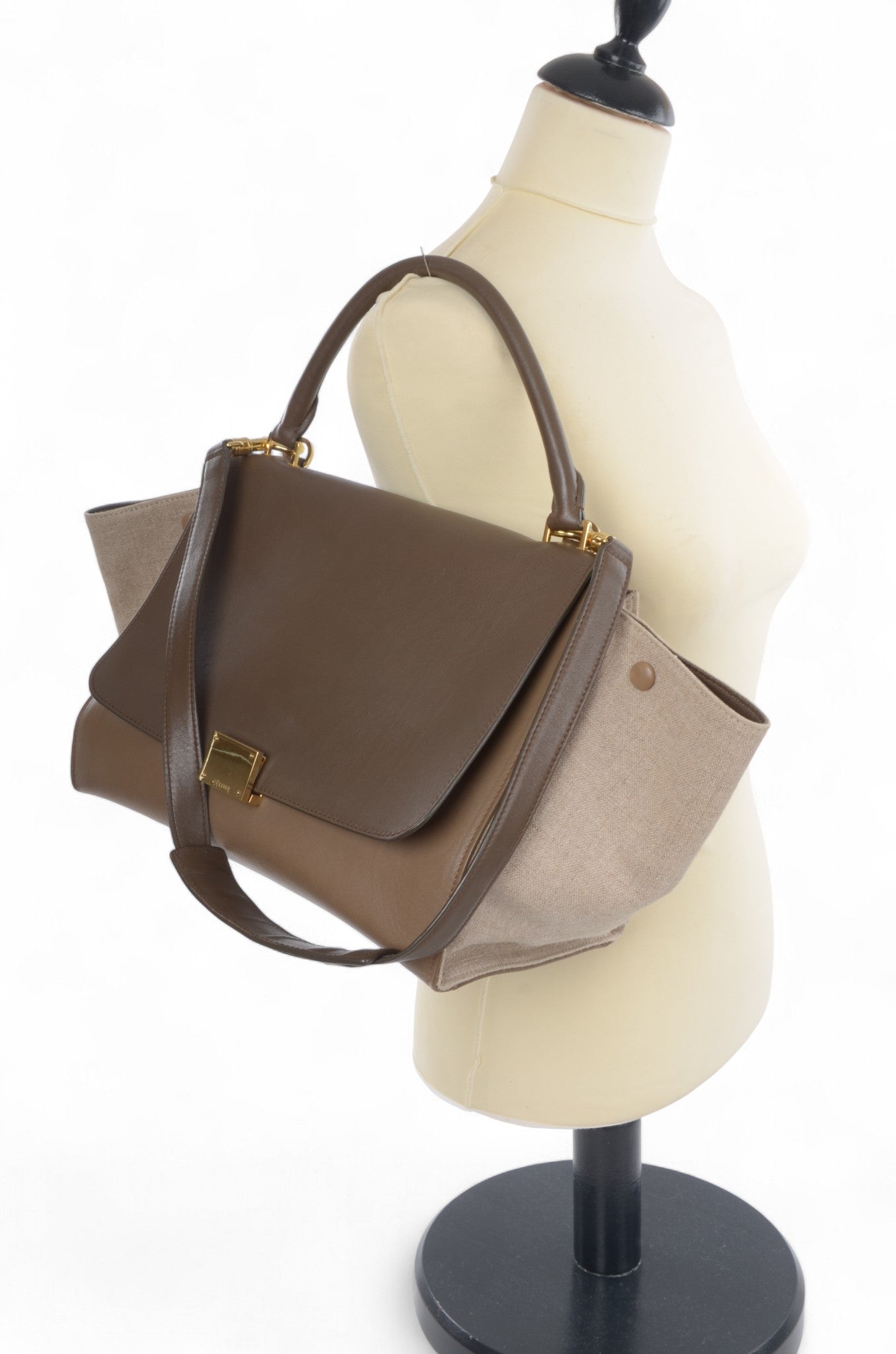 Celine Trapeze Medium Leather 2WAY Shoulder Bag Shoulder Tote Handbag Beige Brown Designer Classic