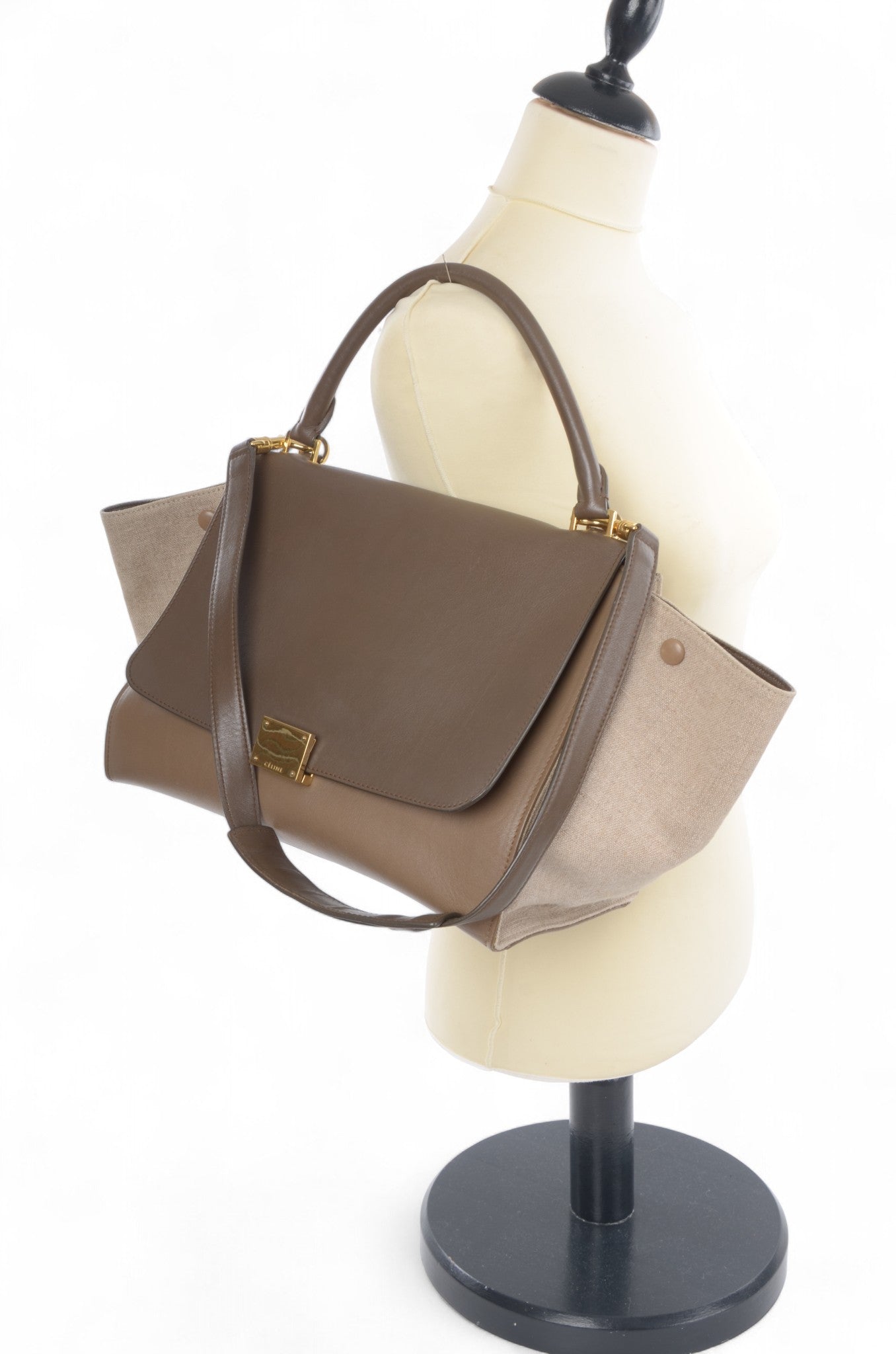 Celine Trapeze Medium Leather 2WAY Shoulder Bag Shoulder Tote Handbag Beige Brown Designer Classic