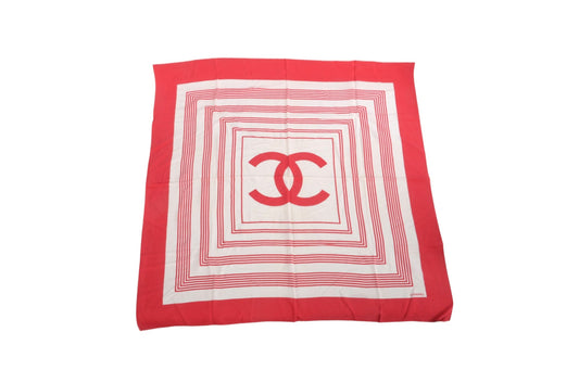 Chanel Vintage Scarf Silk Shawl Multicolor Red White Motif Designer Classic