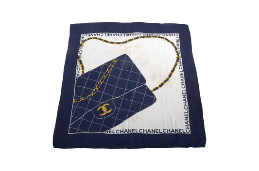 Chanel Vintage Scarf Silk Shawl Multicolor Blue Handbag Motif Designer Classic