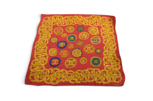 Chanel Vintage Scarf Silk Shawl Multicolor Red Medallion Motif Designer Classic