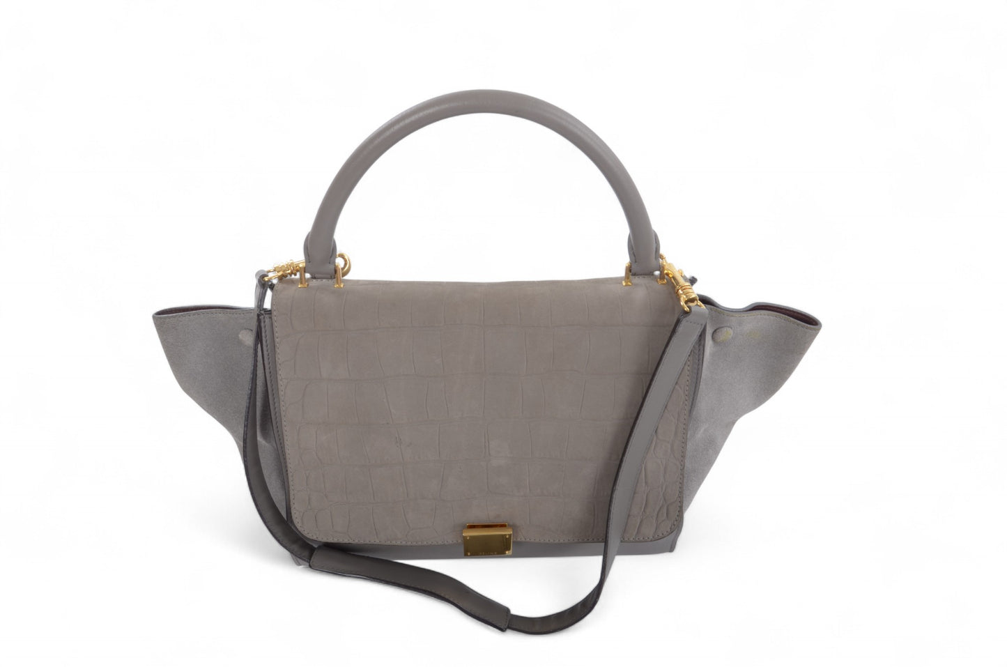 Celine Trapeze Crocodile-Embossed Medium Leather 2WAY Shoulder Bag Tote Handbag Greige Designer Classic