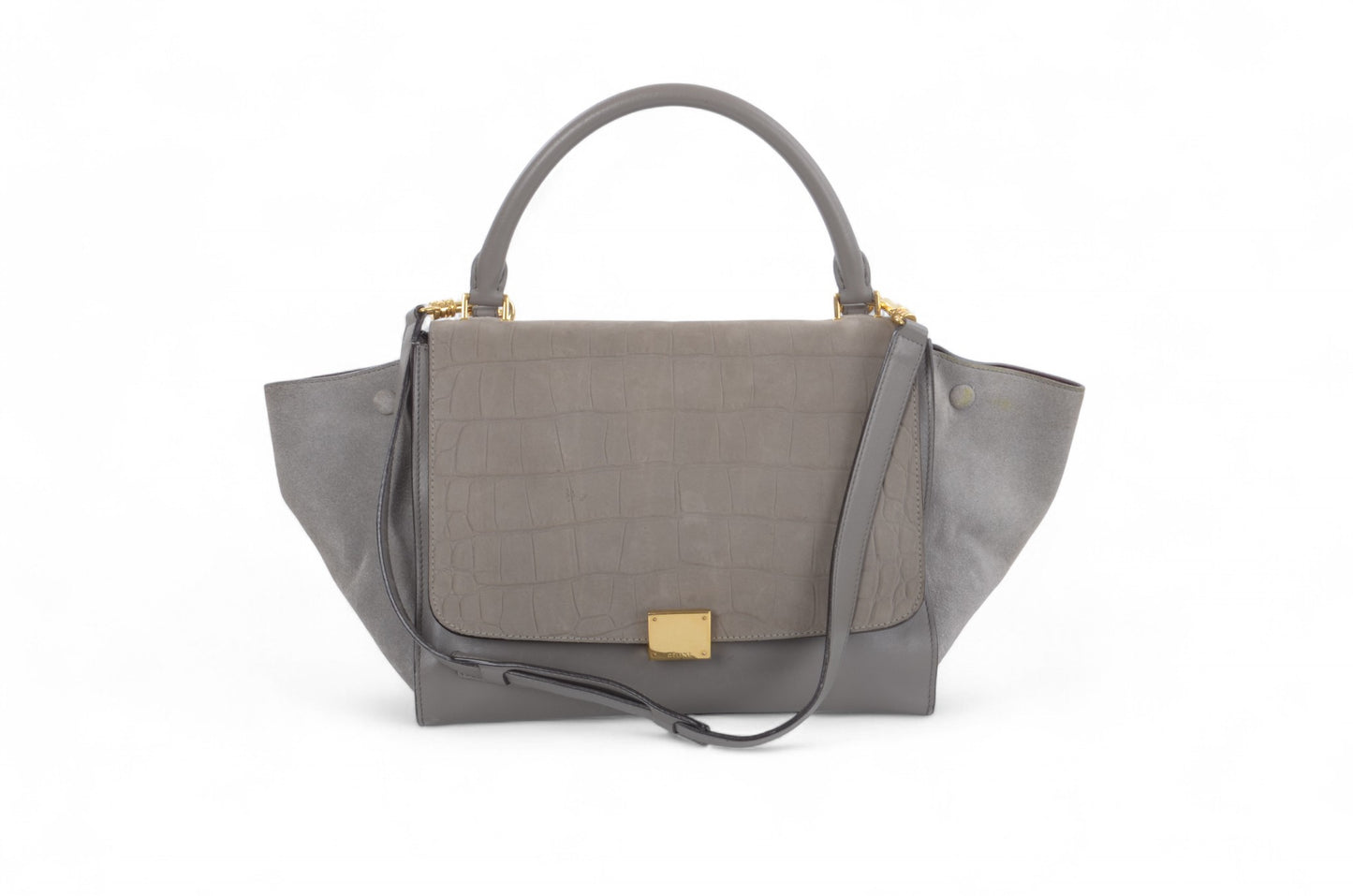 Celine Trapeze Crocodile-Embossed Medium Leather 2WAY Shoulder Bag Tote Handbag Greige Designer Classic