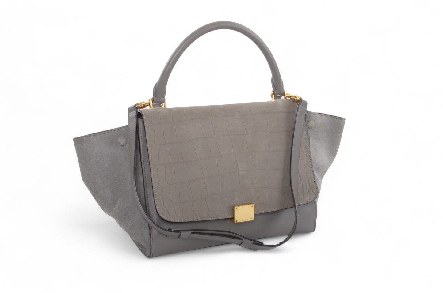 Celine Trapeze Crocodile-Embossed Medium Leather 2WAY Shoulder Bag Tote Handbag Greige Designer Classic