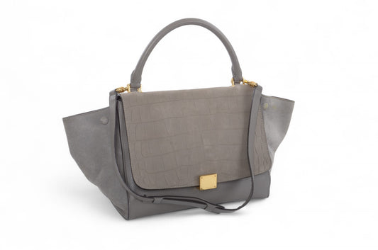 Celine Trapeze Crocodile-Embossed Medium Leather 2WAY Shoulder Bag Tote Handbag Greige Designer Classic