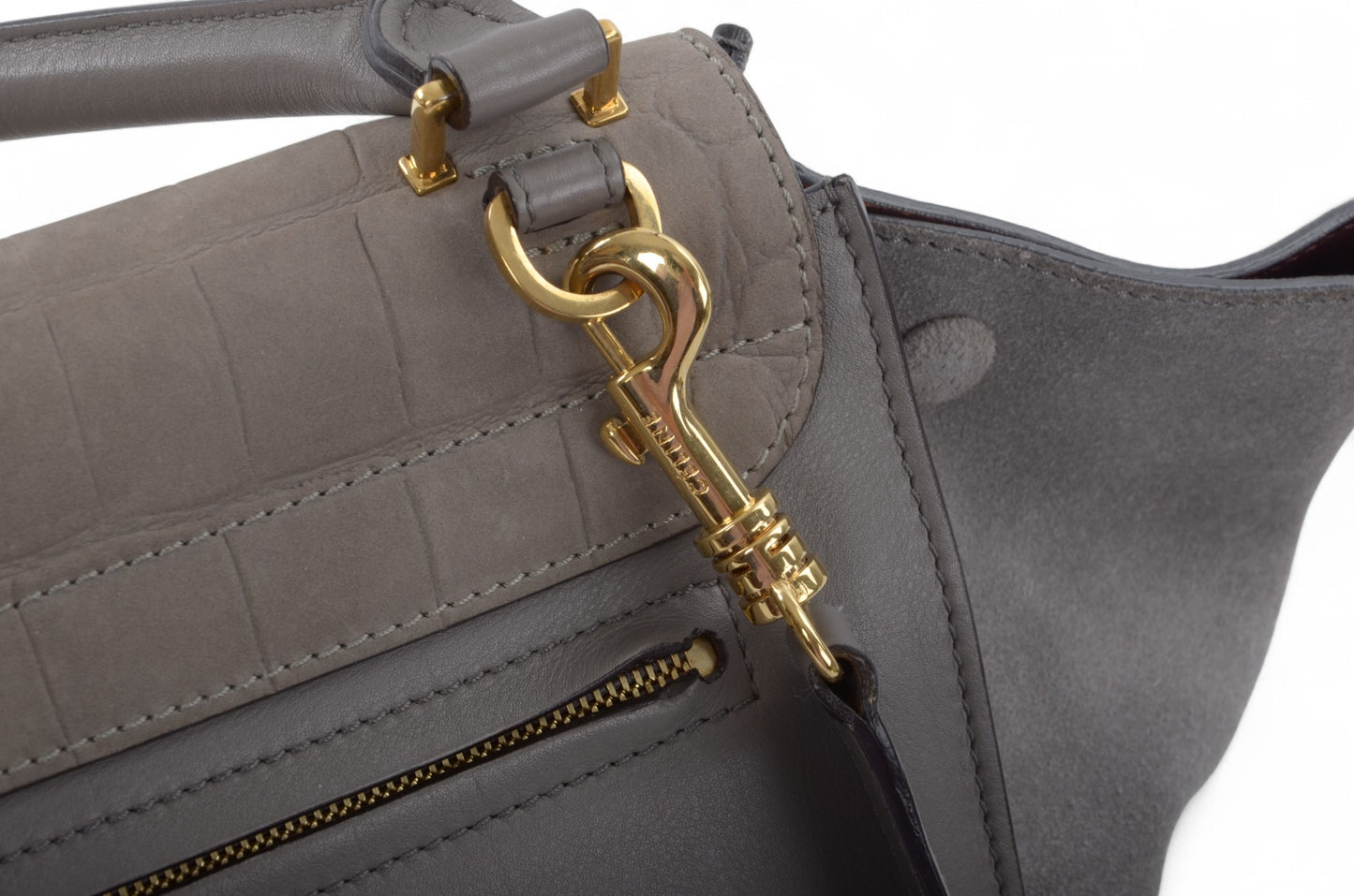 Celine Trapeze Crocodile-Embossed Medium Leather 2WAY Shoulder Bag Tote Handbag Greige Designer Classic