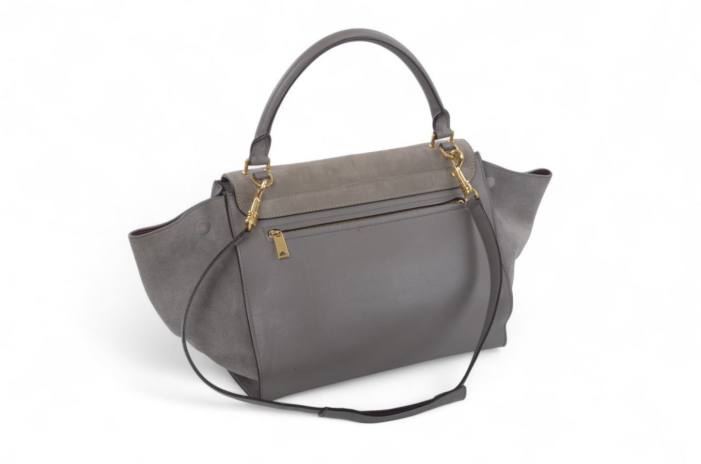 Celine Trapeze Crocodile-Embossed Medium Leather 2WAY Shoulder Bag Tote Handbag Greige Designer Classic