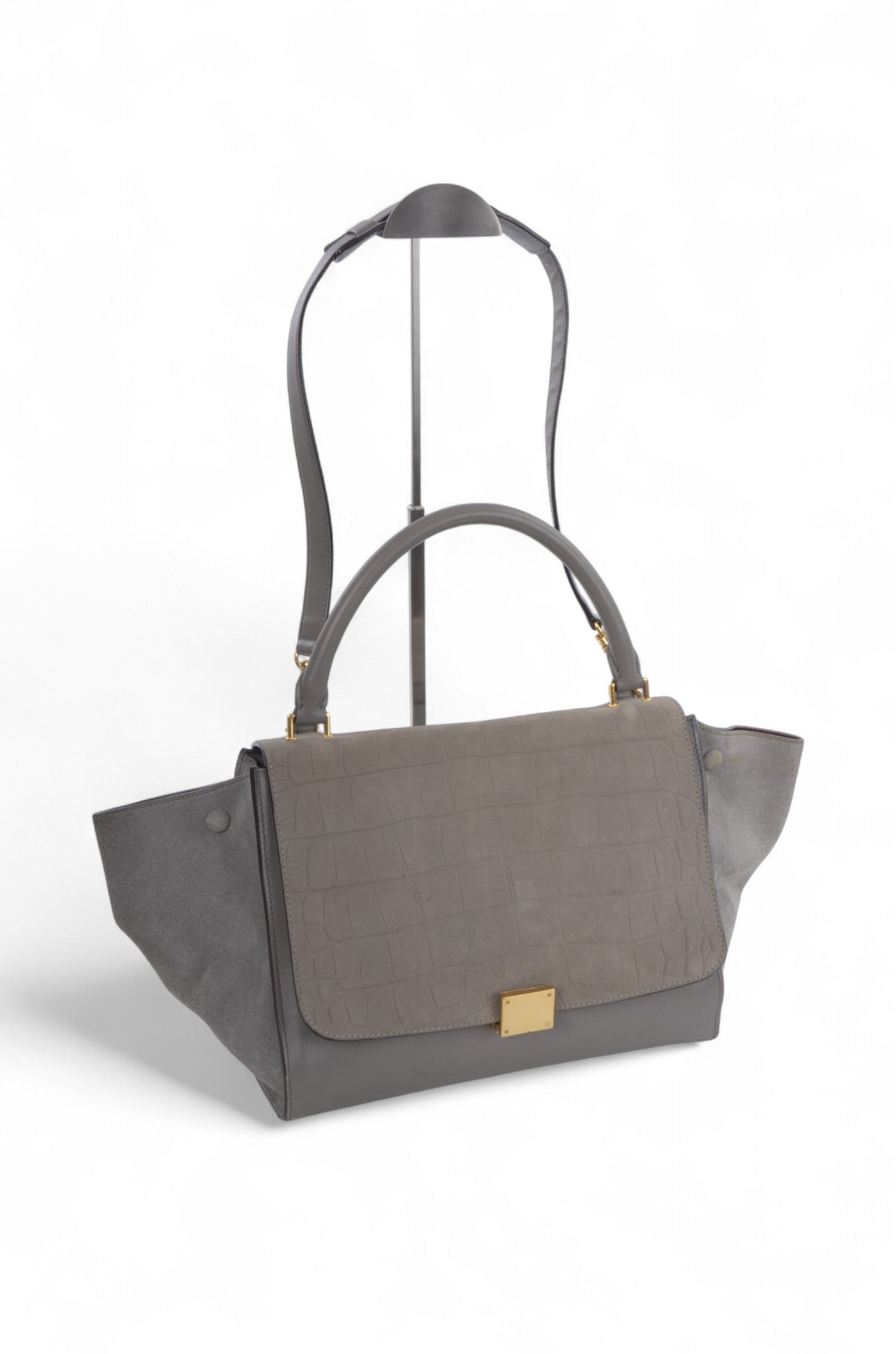 Celine Trapeze Crocodile-Embossed Medium Leather 2WAY Shoulder Bag Tote Handbag Greige Designer Classic