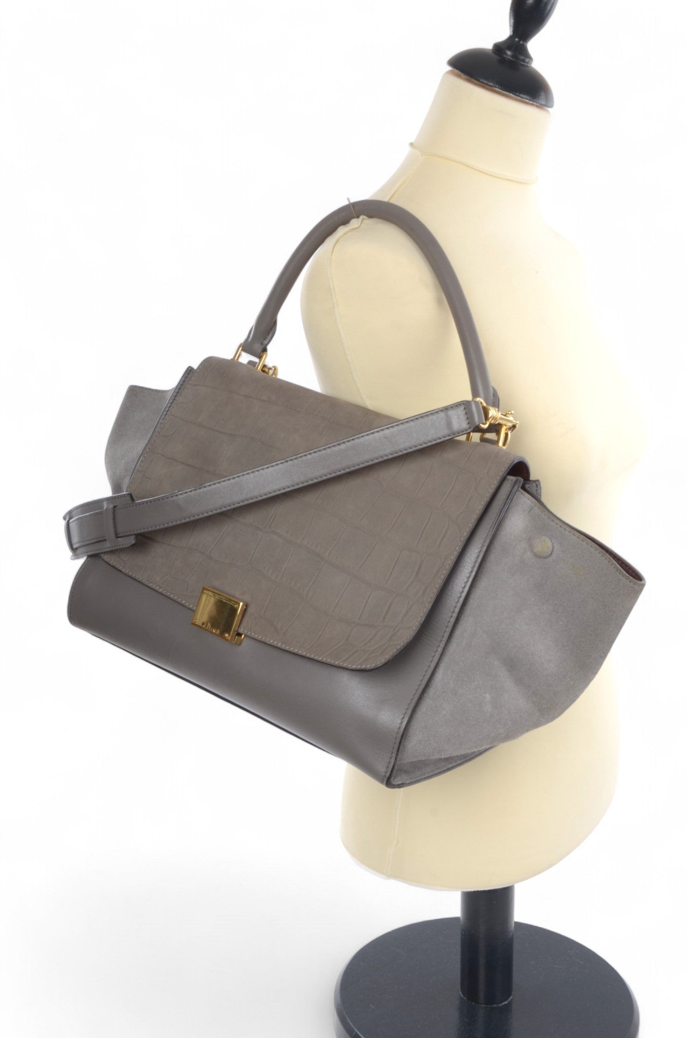 Celine Trapeze Crocodile-Embossed Medium Leather 2WAY Shoulder Bag Tote Handbag Greige Designer Classic