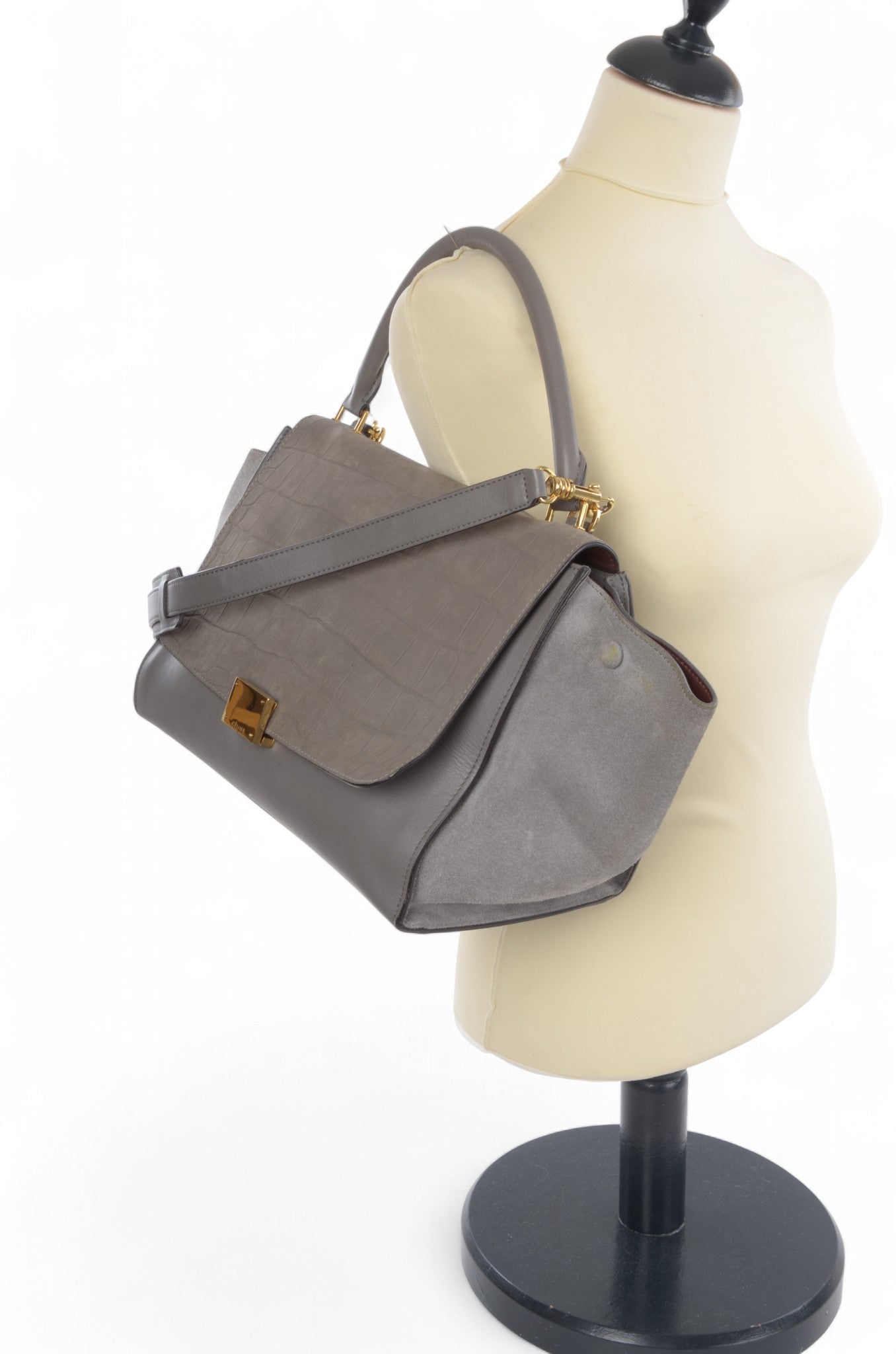 Celine Trapeze Crocodile-Embossed Medium Leather 2WAY Shoulder Bag Tote Handbag Greige Designer Classic