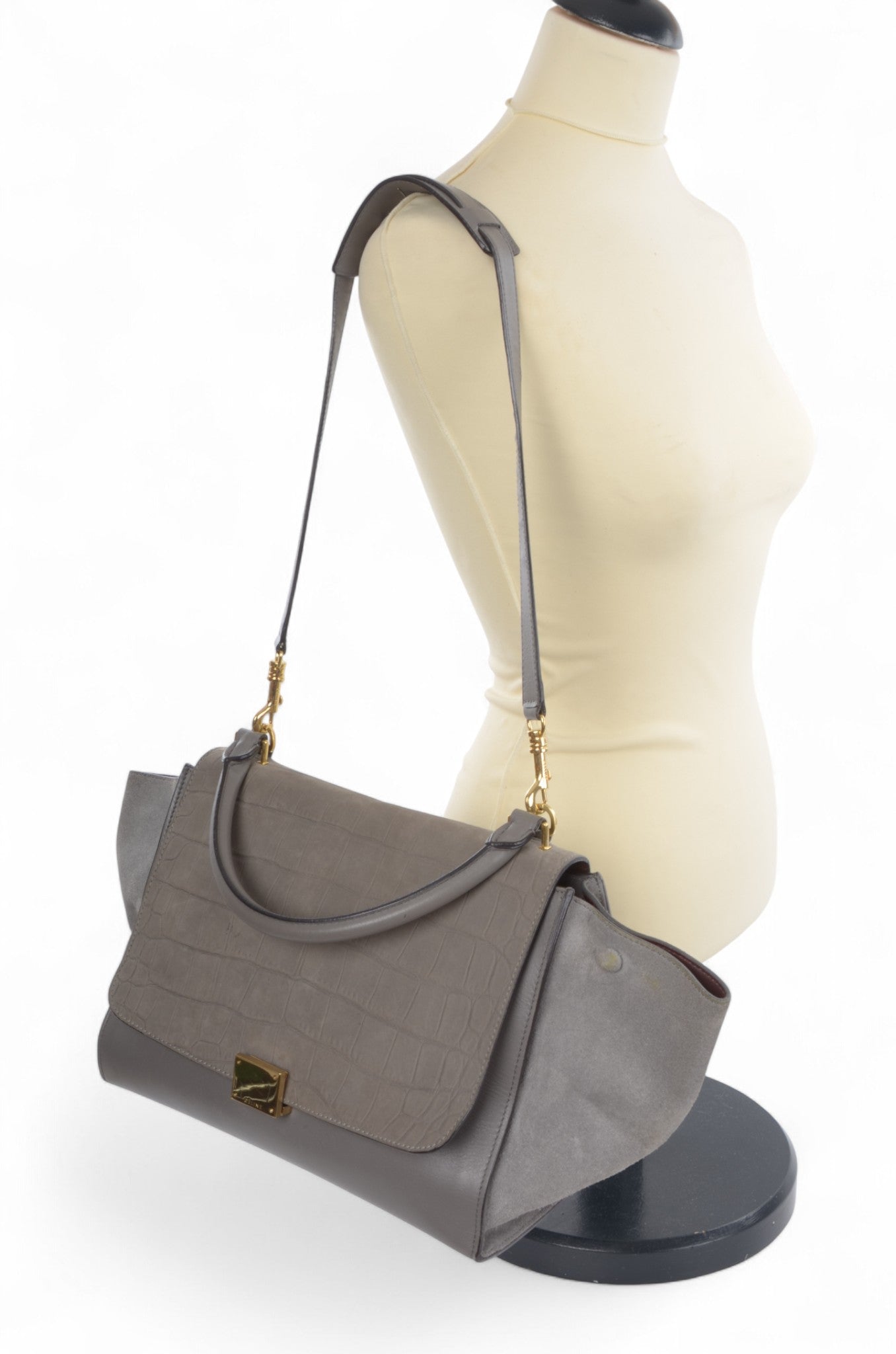 Celine Trapeze Crocodile-Embossed Medium Leather 2WAY Shoulder Bag Tote Handbag Greige Designer Classic