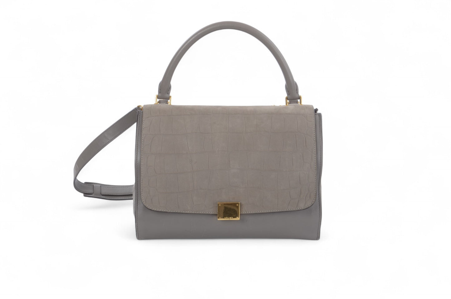 Celine Trapeze Crocodile-Embossed Medium Leather 2WAY Shoulder Bag Tote Handbag Greige Designer Classic