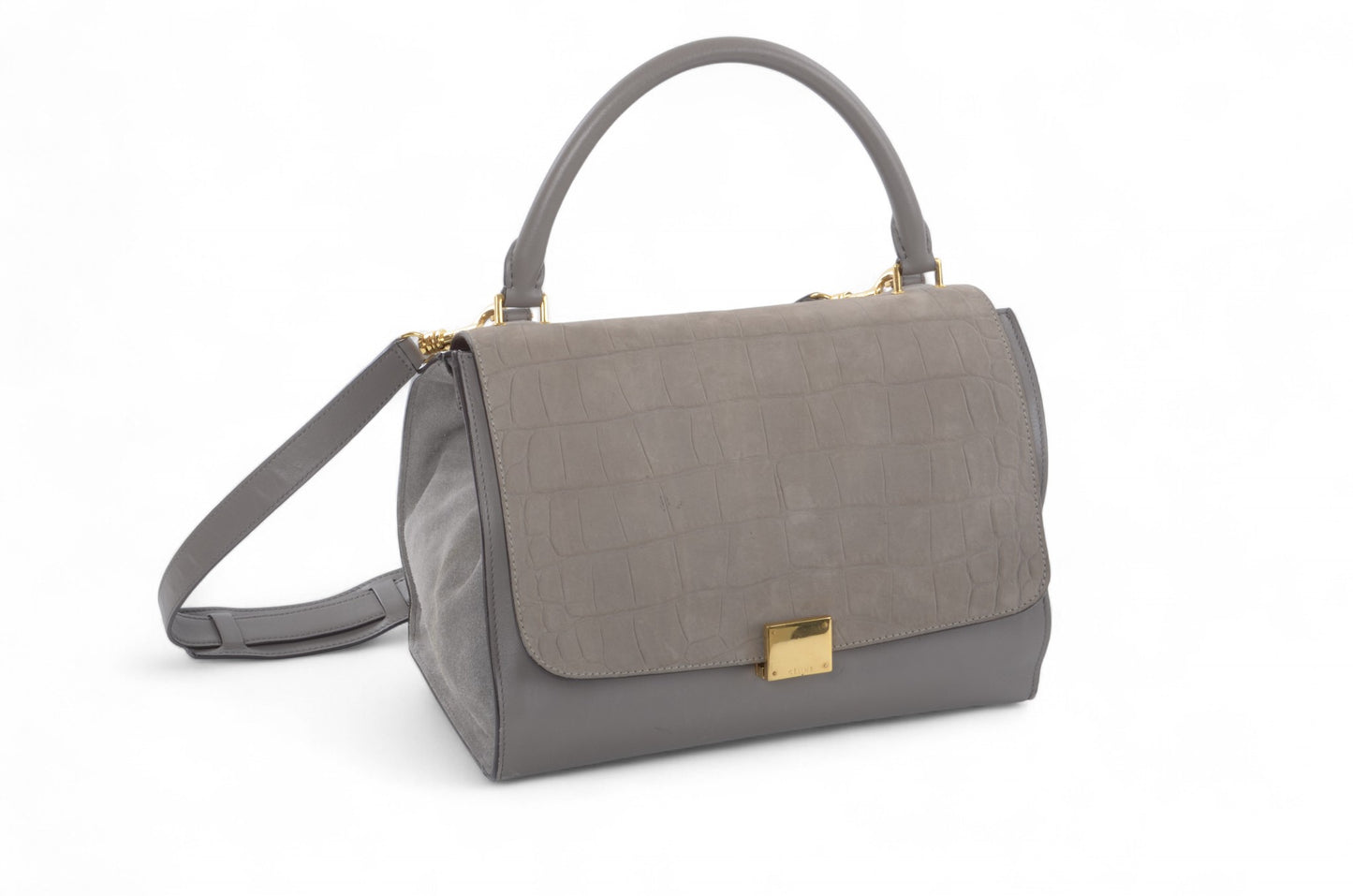 Celine Trapeze Crocodile-Embossed Medium Leather 2WAY Shoulder Bag Tote Handbag Greige Designer Classic