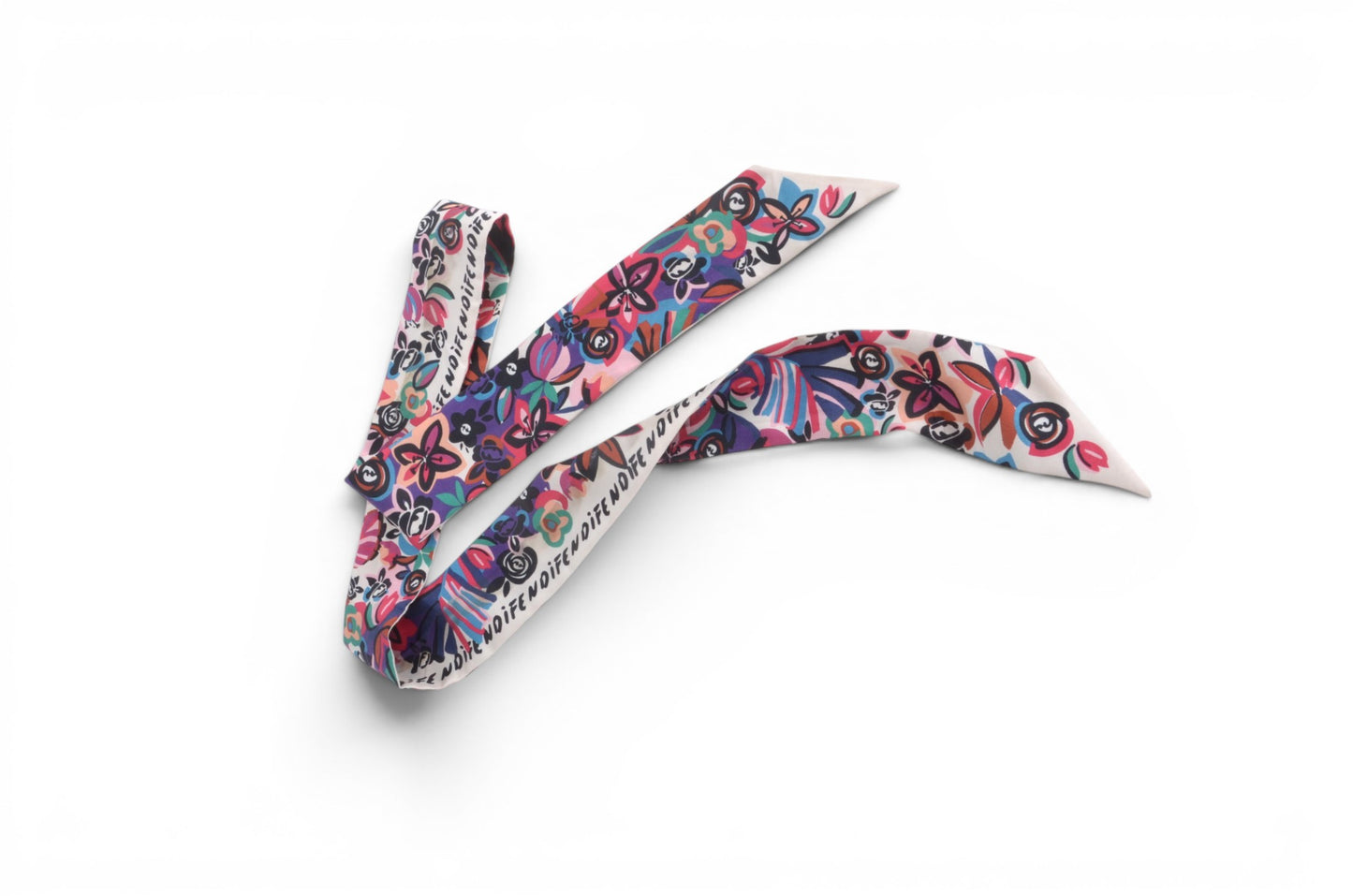 Fendi Scarf Floral Pattern Band Twilly Silk Ribbon Print Multicolor Designer Classic