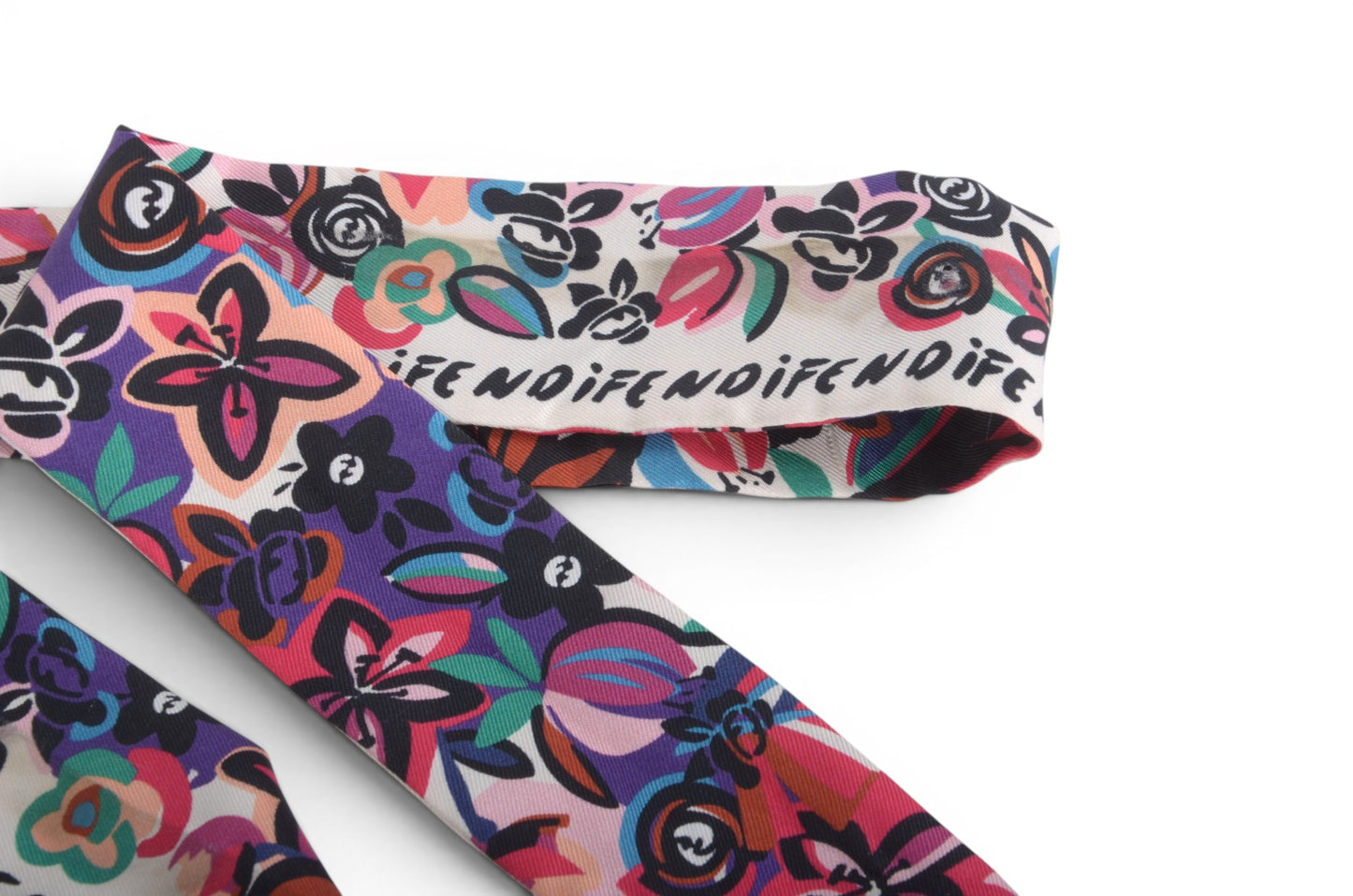 Fendi Scarf Floral Pattern Band Twilly Silk Ribbon Print Multicolor Designer Classic