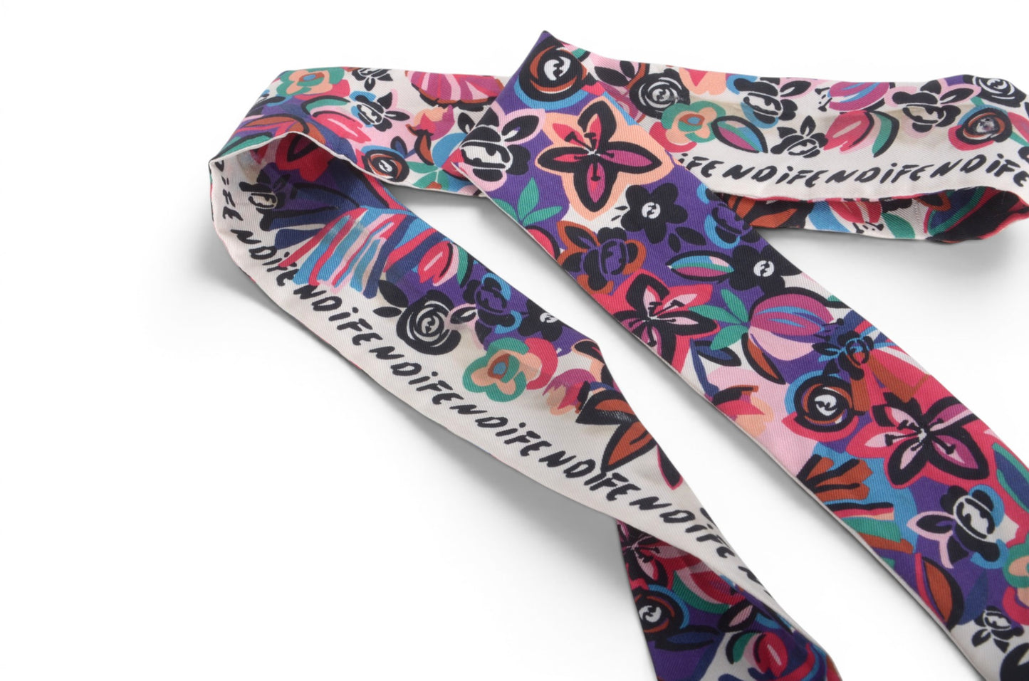 Fendi Scarf Floral Pattern Band Twilly Silk Ribbon Print Multicolor Designer Classic