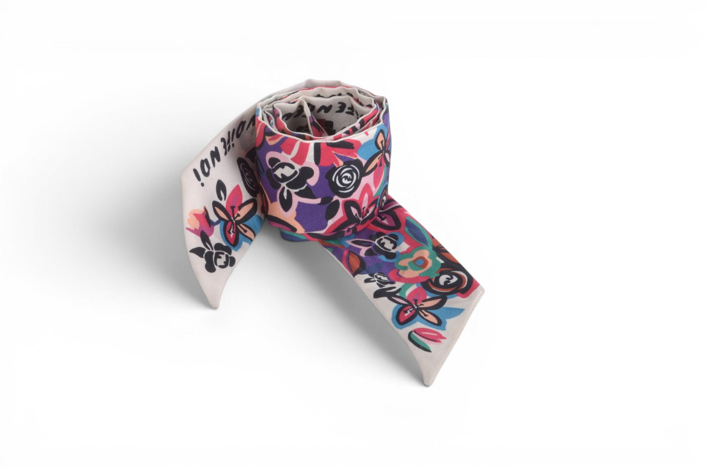 Fendi Scarf Floral Pattern Band Twilly Silk Ribbon Print Multicolor Designer Classic